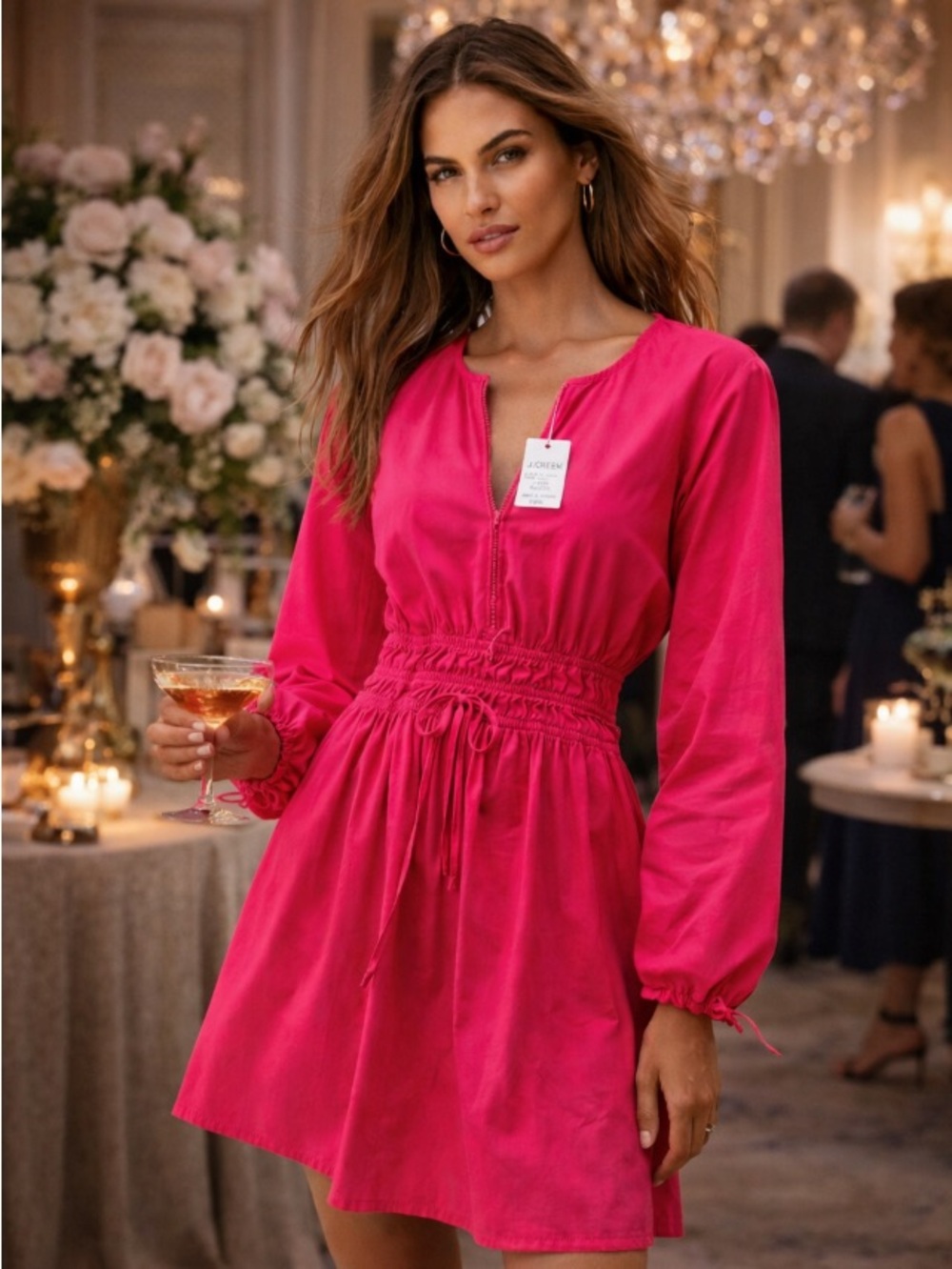 J. Crew Vibrant Pink Long Sleeve Drawstring Waist Dress